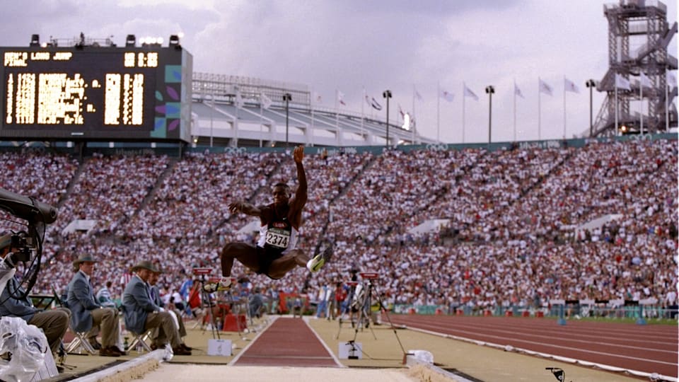 USA's Carl Lewis in the long jump at the Atlanta 1996 Olympics.