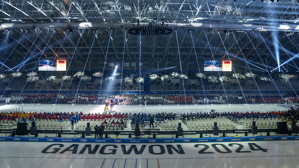 General view inside the Gangneung Oval during the parade of flags of the participating NOCs as part of the Opening Ceremony. The Winter Youth Olympic Games Gangwon 2024, Republic of Korea, Friday 19 January 2024. Photo: OIS/Thomas Lovelock. Handout image supplied by OIS/IOC