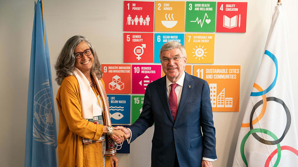 IOC President Thomas Bach meets with UN Habitat Anaclaudia Rossbach UN during the Summit of the Future