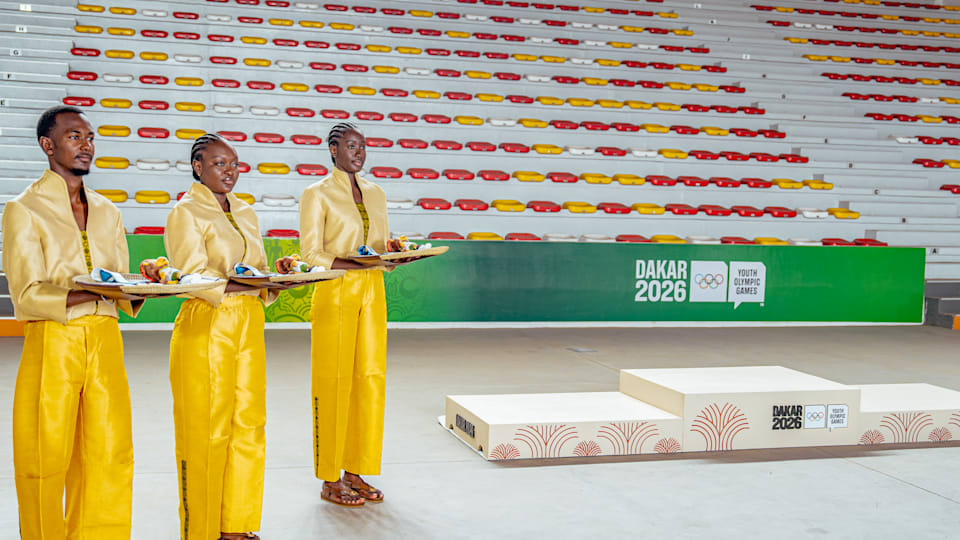 Victory ceremony podiums and trays inspired by local craftsmanship