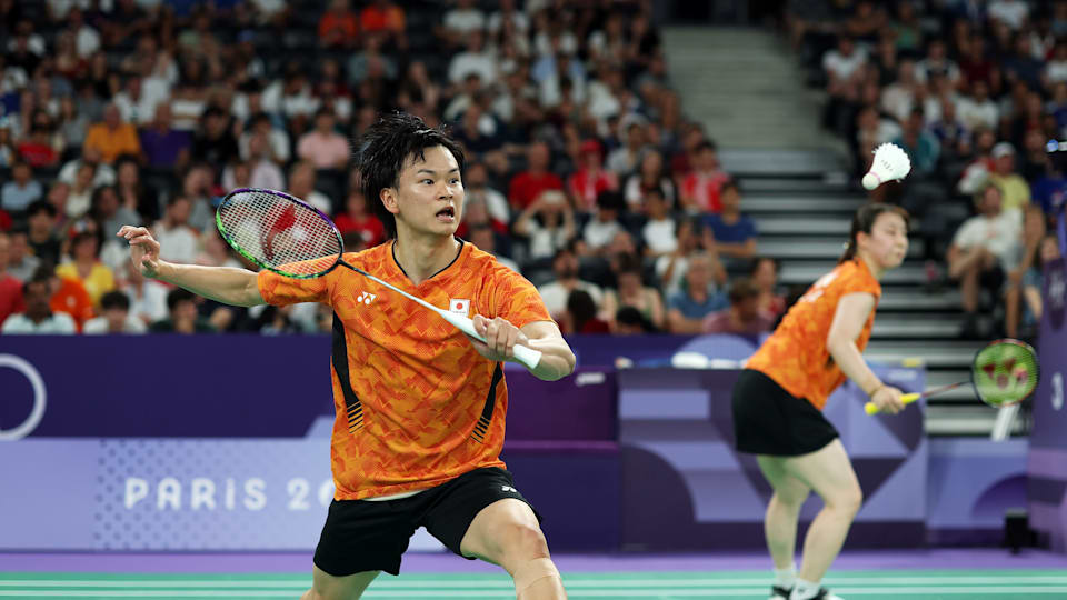 Yuta Watanabe of Team Japan plays a backhand during the Mixwd Doubles Group C match between Yuta Watanabe and Arisa Higashino of Team Japan and Hong wei Ye and Chia Hsin Lee of Team Chinese Taipei on day two of the Olympic Games Paris 2024 at Porte de La Chapelle Arena on July 28, 2024 in Paris, France.