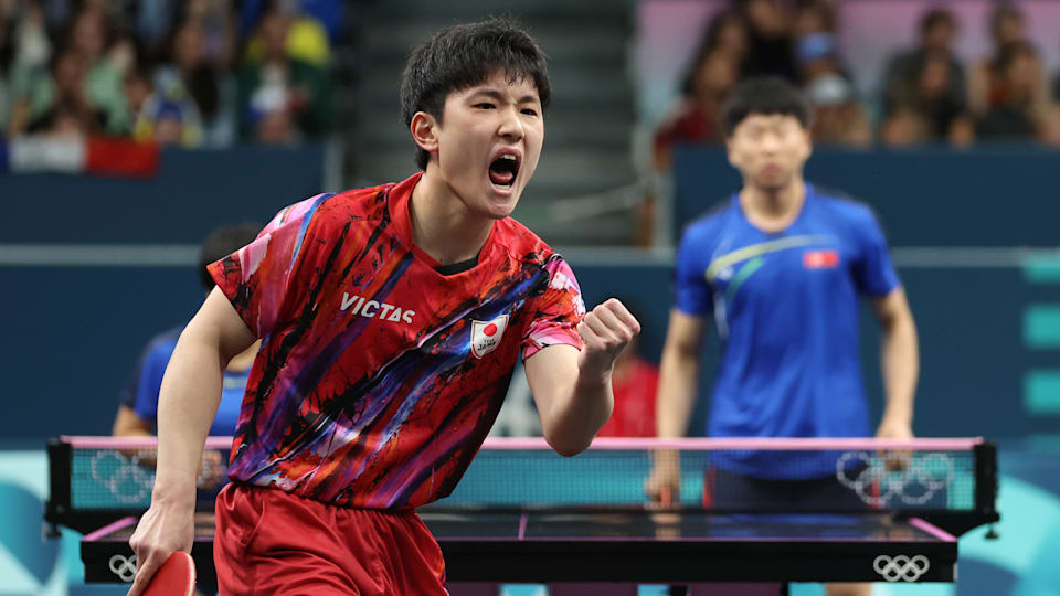 Tomokazu Harimoto of Team Japan celebrates during a Mixed Doubles Round of 16 match against Team North Korea on day one of the Olympic Games Paris 2024 at South Paris Arena on July 27, 2024 in Paris, France.