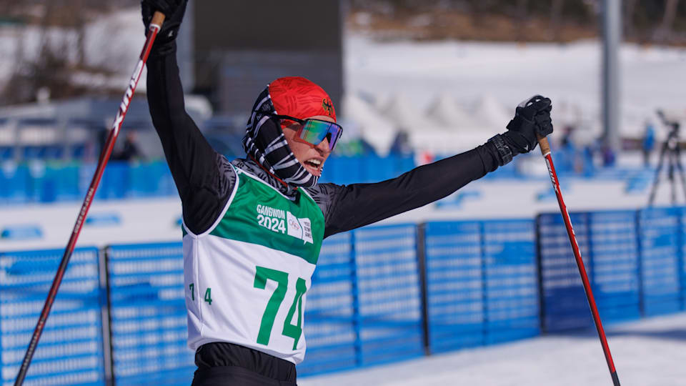 Jakob Elias Moch GER celebrates after completing the Cross Country Skiing Men’s 7.5km Classic at the Alpensia Biathlon Centre. The Winter Youth Olympic Games, Gangwon, South Korea, Tuesday 30 January 2024.