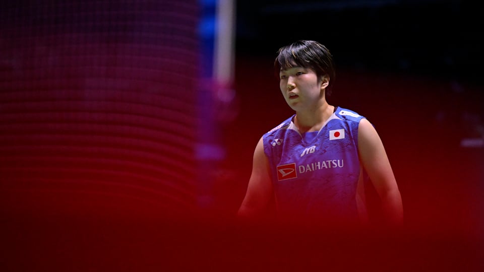 Akane Yamaguchi of Japan looks on during her women single round of 32 match against Gao Fangjie of China at Adidas Arena on March 06, 2024 in Paris, France. 