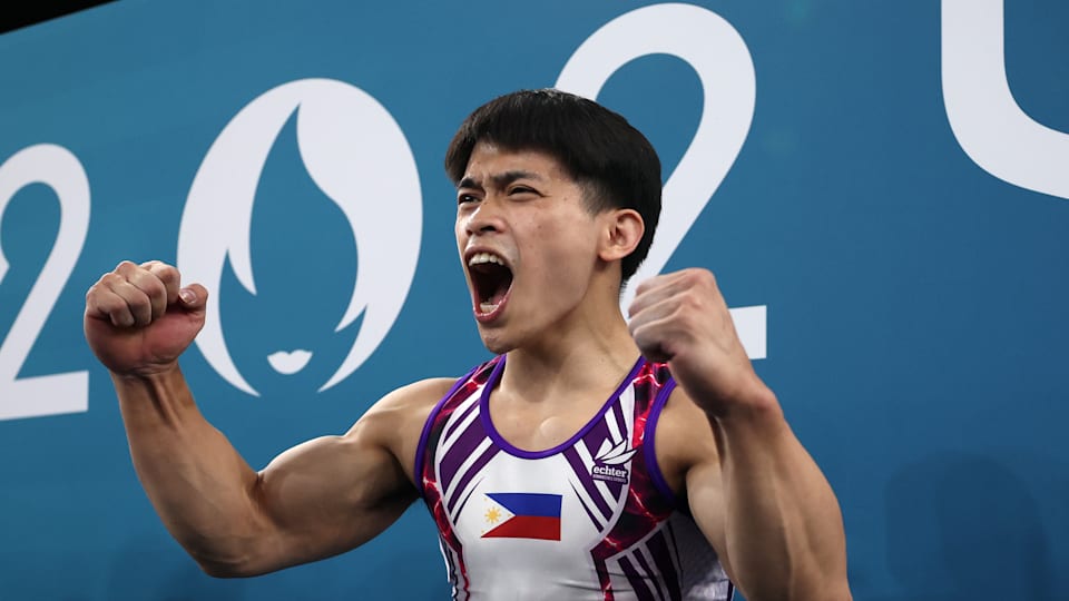 Carlos Edriel Yulo of Team Philippines celebrates after finishing his routine during the Artistic Gymnastics Men's Floor Exercise Final