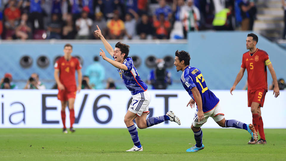 Ao Tanaka of Japan celebrates after scoring the team's second goal after the video assistant referee review during the FIFA World Cup Qatar 2022 Group E match between Japan and Spain