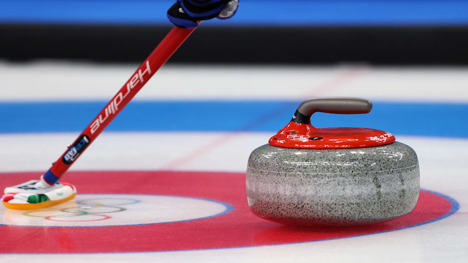 A detailed view of a Team Italy curling stone against Team Norway during the Curling Mixed Doubles Gold Medal Game on Day 4 of the Beijing 2022 Winter Olympics