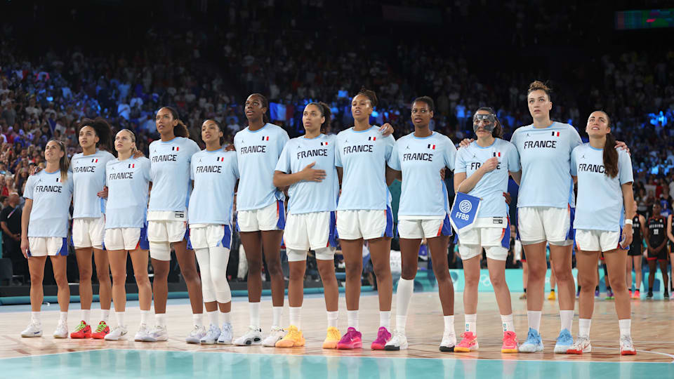 France looks on during a women's semifinal match at the Olympic Games Paris 2024. at Bercy Arena on August 09, 2024 in Paris, France