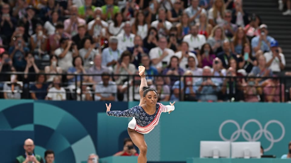 Simone Biles of the United States performs during balance beam of the women's artistic gymnastics team final at the Paris Olympics