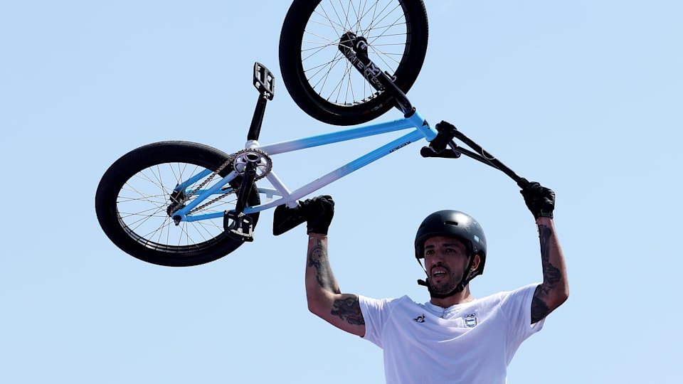 Jose Torres Gil of Team Argentina reacts during the BMX Freestyle Men's Park Final - Round 1 on day five of the Olympic Games Paris 2024