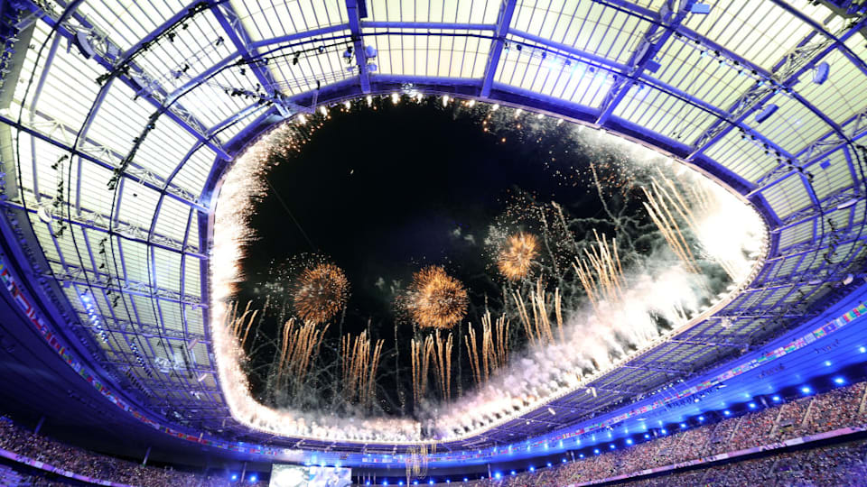 A general view of the inside of the stadium as French Singer-Songwriter Yseult performs My Way during the Closing Ceremony of the Olympic Games Paris 2024 at Stade de France