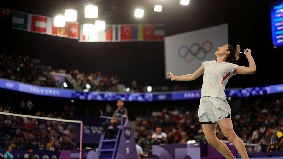 Aya Ohori of Team Team Japan competes during the Women's Singles Group Play Stage - Group J match between Aya Ohori of Team Team Japan and Neslihan Arin of Team TÃ¼rkiye on day two of the Olympic Games Paris 2024 at Porte de La Chapelle Arena on July 28, 2024 in Paris, France.