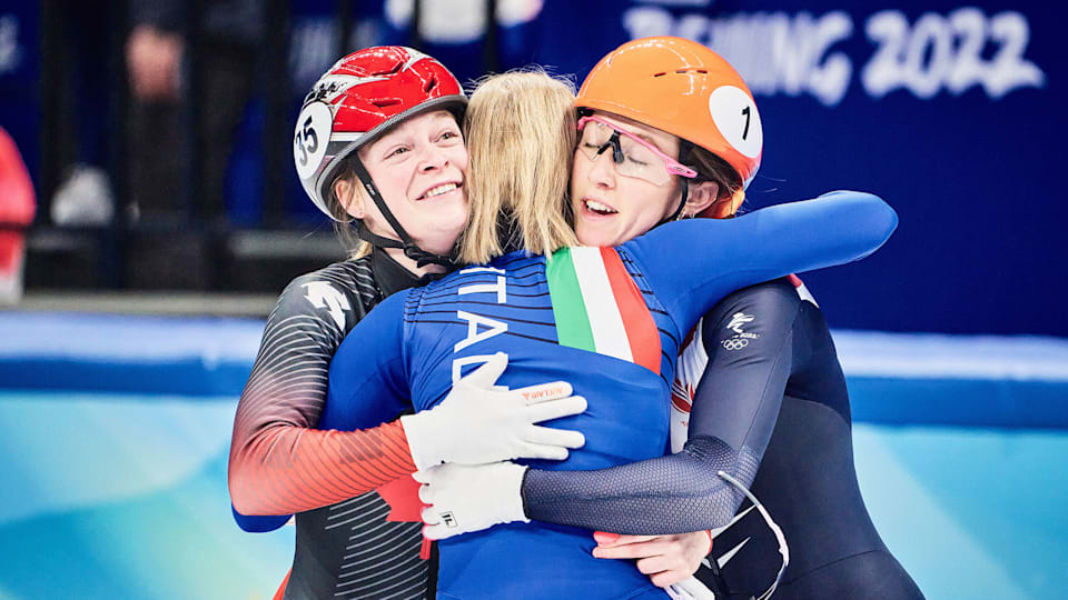 Beijing 2022 Winter OG, Short track speed skating, 500m Women - Final, Kim BOUTIN (CAN) 3rd, Arianna FONTANA (ITA) 1st and Suzanne SCHULTING (NED) 2nd.