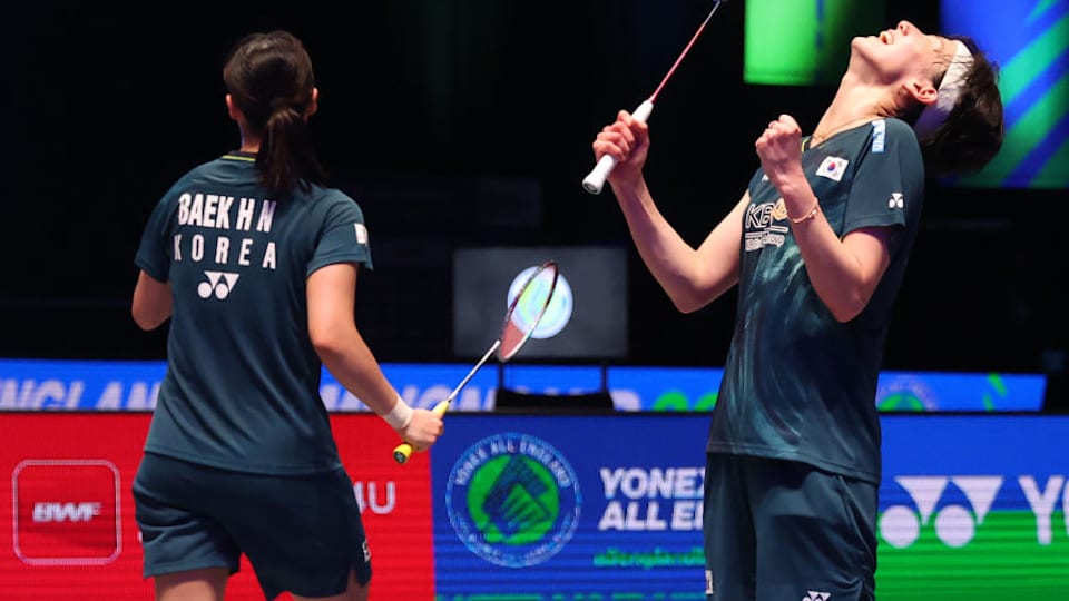Baek Ha Na and Lee So Hee of Korea celebrate after winning the Women's Doubles Final
