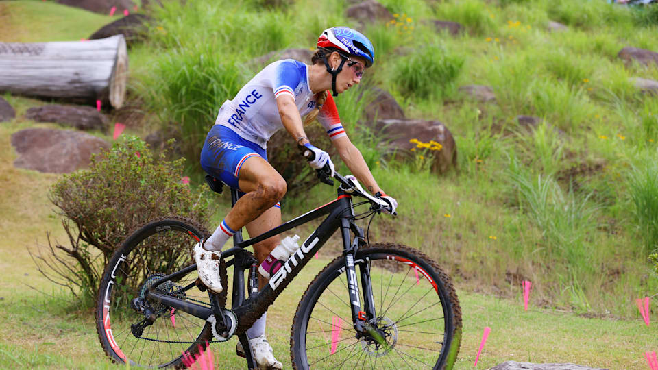 Pauline Ferrand Prevot of Team France rides during the Women's Cross-country race on day four of the Tokyo 2020 Olympic Games