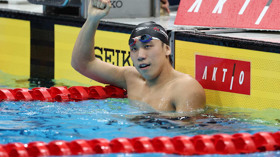 Katsuhiro Matsumoto reacts after competing in the Men's 100m Freestyle Heat during day four of the Swimming Olympic Qualifier at Tokyo Aquatics Centre on March 20, 2024 in Tokyo, Japan.