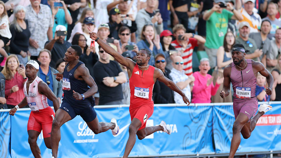 Fred Kerley, Noah Lyles y Kenny Bednarek