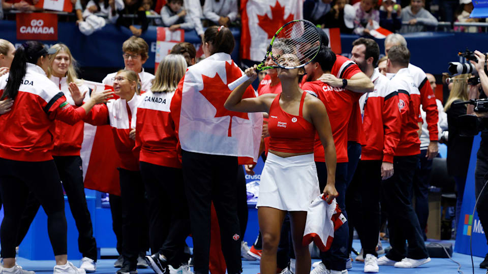 Leylah Fernandez celebrates after leading Canada to Billie Jean King Cup glory