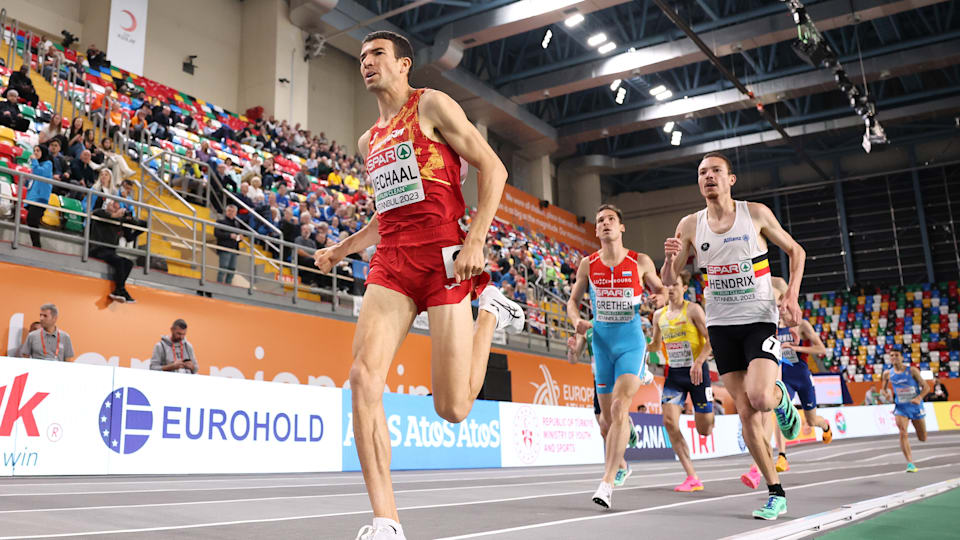 Adel Mechaal of Spain competes during the Men's 3000m Round 1 Heat 2 during Day 2 of the European Athletics Indoor Championships at the Atakoy Arena on March 04, 2023