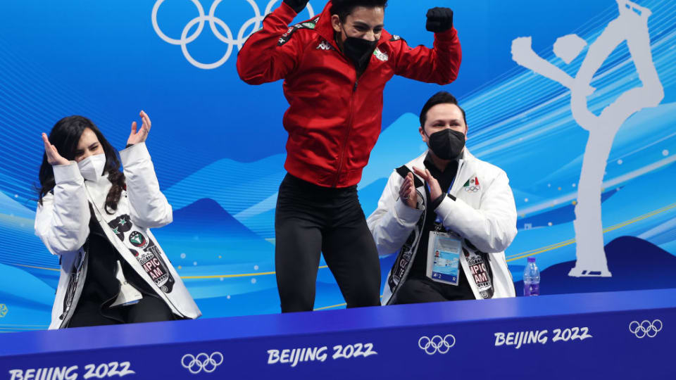 Donovan Carrillo reacts to his short program score at Beijing 2022. (Photo by Matthew Stockman/Getty Images)