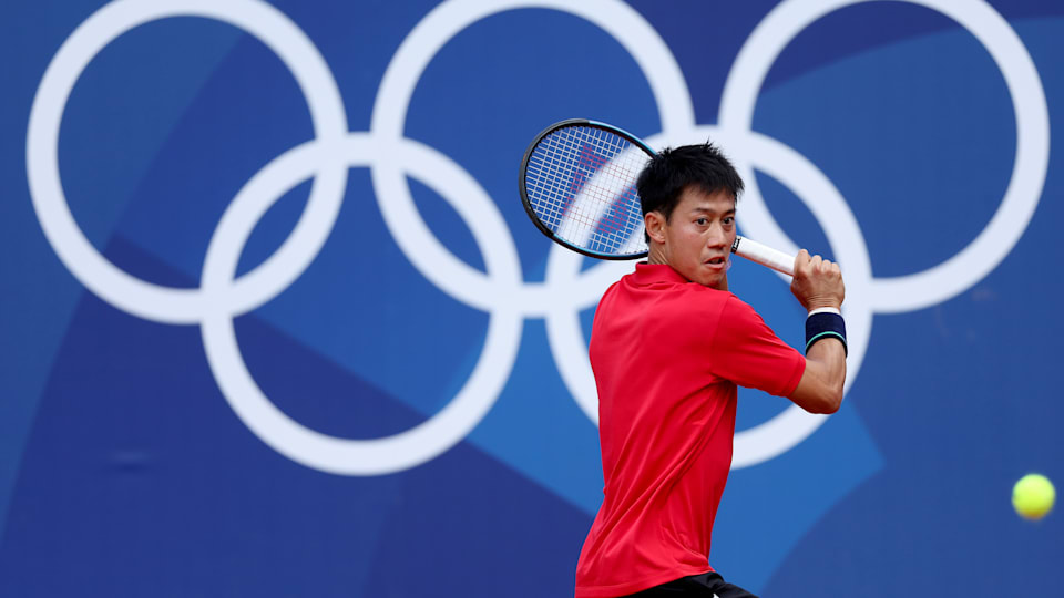 Kei Nishikori of Team Japan plays a backhand during the Tennis training session ahead of the Paris 2024 Olympic Games at Roland Garros on July 24, 2024 in Paris, France.