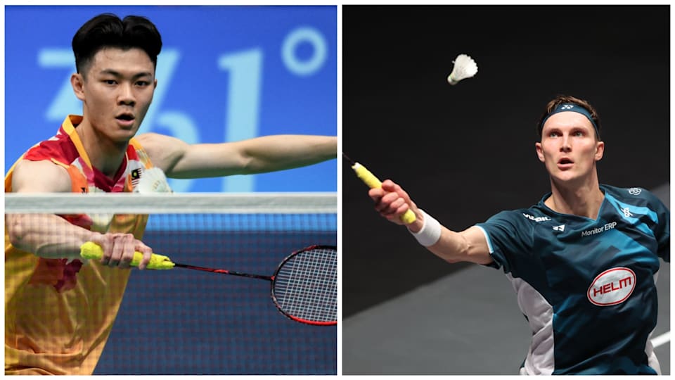 Composite image: Lee Zii Jia at 2023 Asian Games and Viktor Axelsen at 2024 All England Open