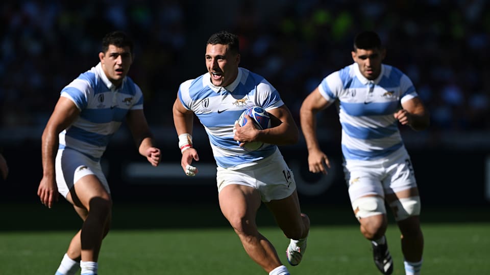 Rodrigo Isgro of Argentina breaks away to score a try during the Rugby World Cup France 2023