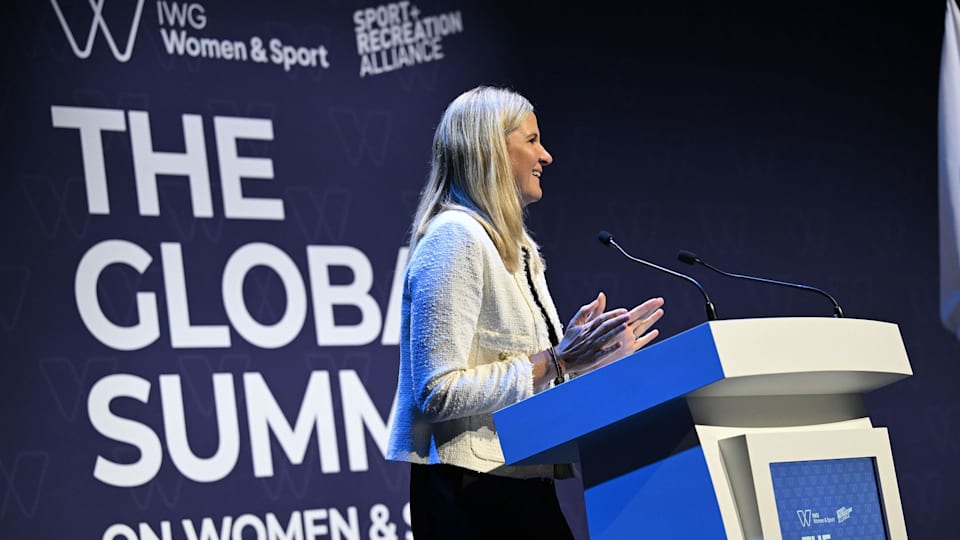 President of the IOC Kirsty Coventry speaks on Day 1 of the IWG Global Summit On Women And Sport 2026 at International Convention Centre on July 9, 2026 in Birmingham, England. 