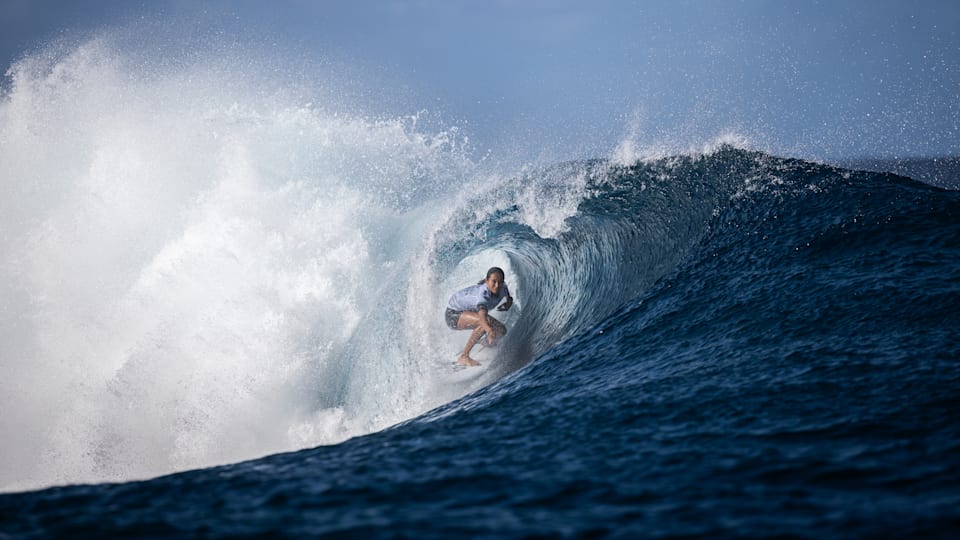 Vahine Fierro of France surfs in her Opening Round Heat during day one of the SHISEIDO Tahiti Pro