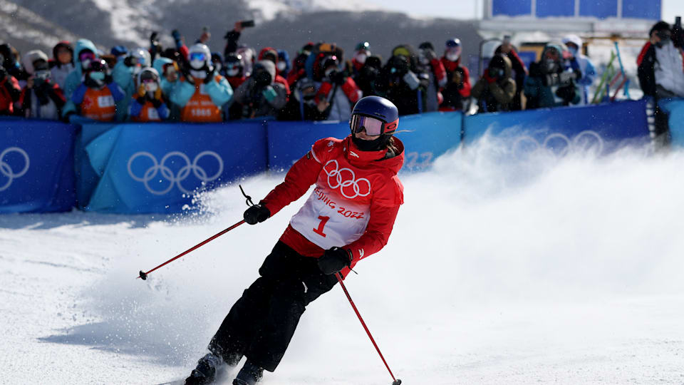 Ailing Eileen Gu of Team China reacts after winning the Gold medal during the Women's Freestyle Freeski Halfpipe Final on Day 14 of the Beijing 2022 Winter Olympics at Genting Snow Park on February 18, 2022 in Zhangjiakou, China.