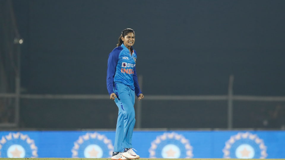 Radha Yadav of India celebrates.