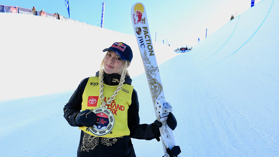 Eileen Gu celebrates her third halfpipe victory of the 2024/25 FIS Freestyle Ski World Cup season at Copper Mountain, USA.