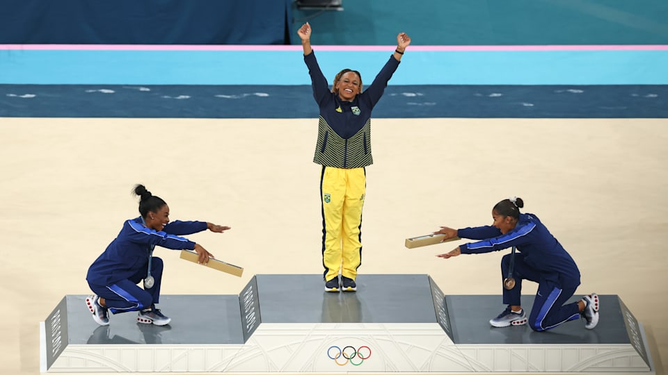 Rebeca Andrade, Simone Biles, and Jordan Chiles at Paris 2024.