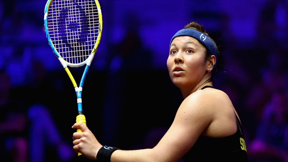 U.S. squash player Amanda Sobhy lines up a backhand