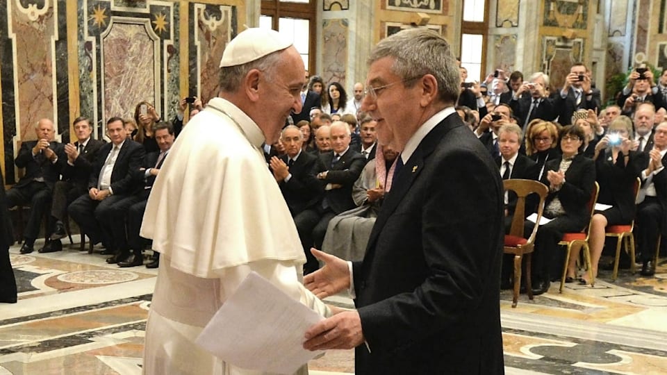 Pope Francis talks of sport's ability to build bridges at audience with Olympic Family in Rome