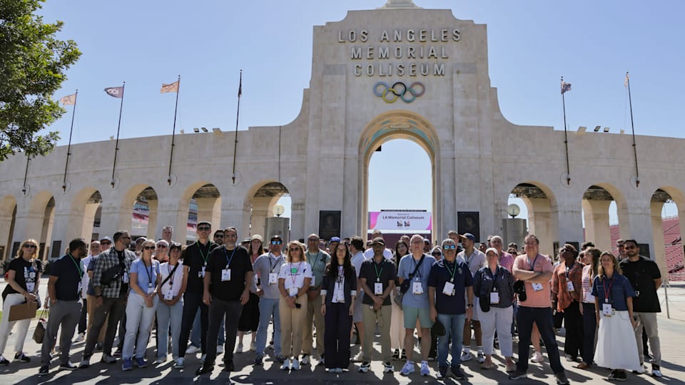 A view of Memorial Coliseum during the LA28 World Broadcaster Venue Tour on July 23, 2026 in Los Angeles, California. 