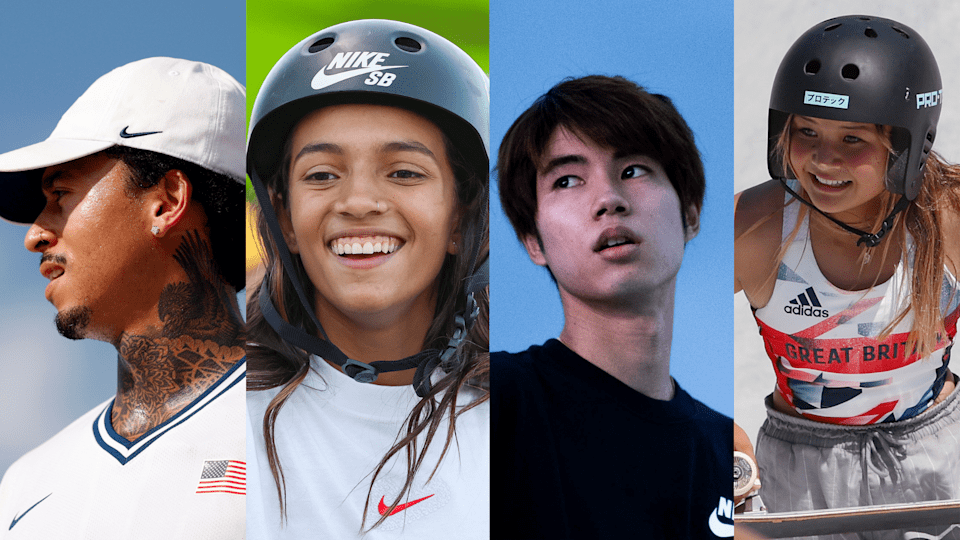 Left to right: Skateboarders Nyjah Huston, Rayssa Leal, Horigome Yuto and Sky Brown