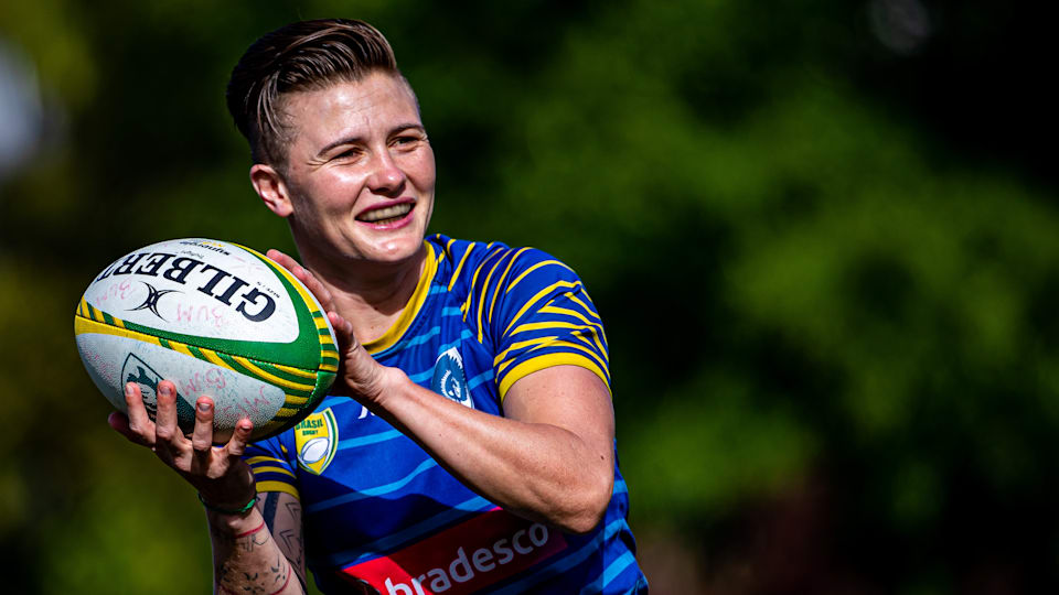 Raquel Kochhann trains with the Brazil women's rugby sevens team