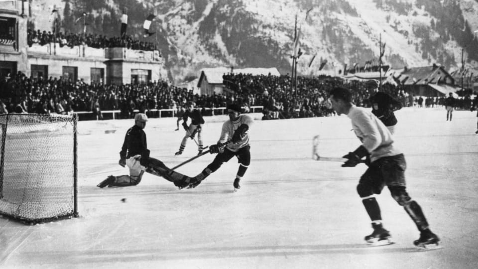 924: The Winter Olympics, Chamonix. The Canadian ice hockey team, the Toronto Granites, scoring during the final in which they beat the United States in the final 6-1 to take the gold medal.