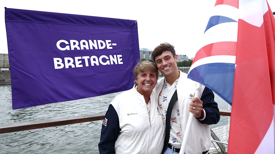 Thomas Daley, Flagbearer of Team Great Britain, poses for a photo with his coach Jane Figueiredo during the opening ceremony of the Olympic Games Paris 2024 on July 26, 2024 in Paris, France.
