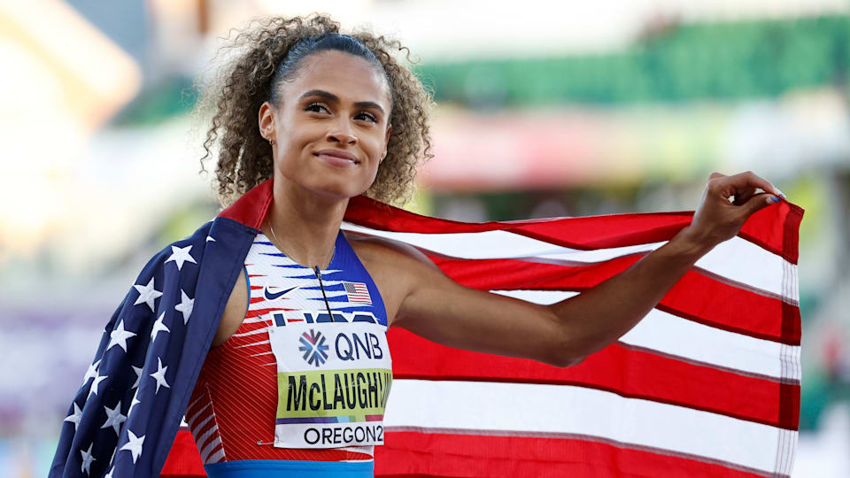 Sydney McLaughlin (USA) celebrates winning gold in the women's 4x400m relay final at the World Athletics Championships Oregon22