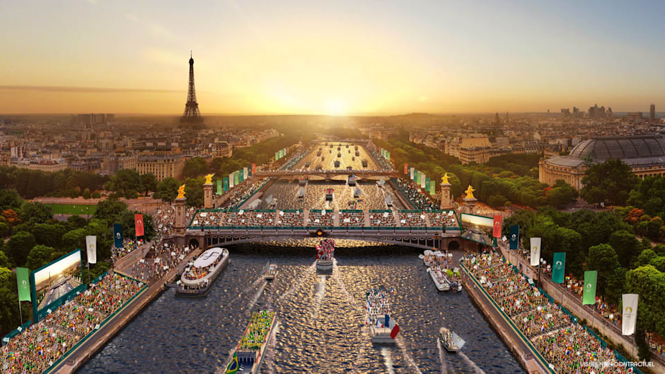 A concept design of the parade of athletes on the Seine during the Paris 2024 Opening Ceremony.