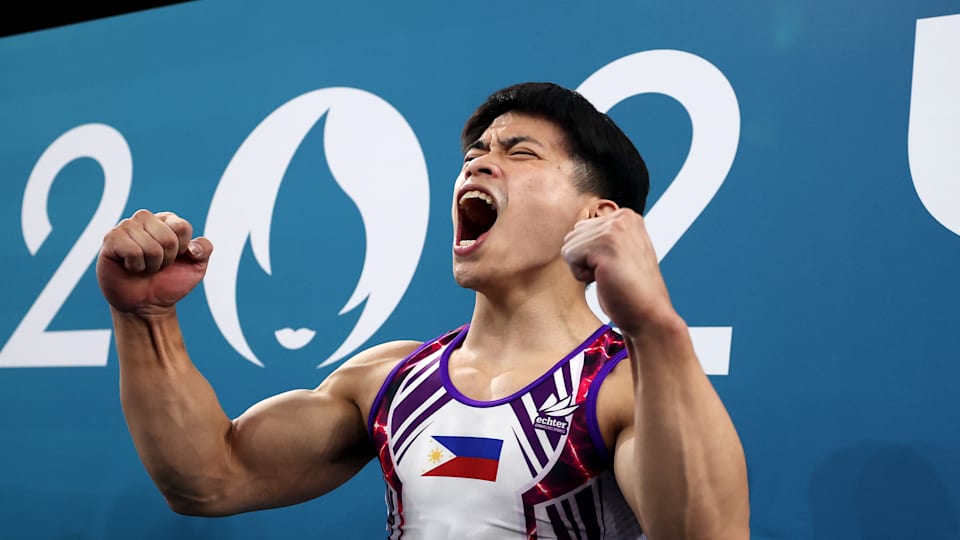 Carlos Edriel Yulo of Team Philippines celebrates after finishing his routine during the Artistic Gymnastics Men's Floor Exercise Final