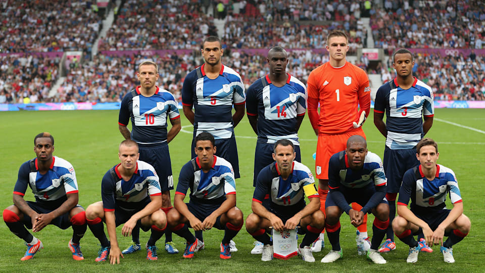 Team GB line up before the Men's Football first round Group A Match of the London 2012 Olympic Games between Great Britain and Senegal, at Old Trafford on July 26, 2012 in Manchester, England. 