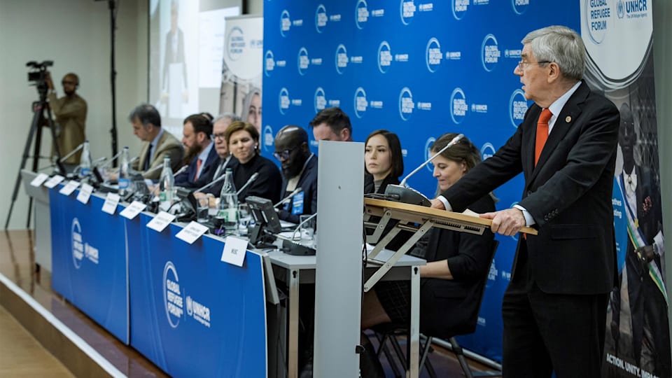 IOC President Thomas Bach announcing the Joint Sport Pledge on behalf of the Sport for Refugees Coalition at the Global Refugee Forum, committing USD 45 million to benefit 500,000 displaced people