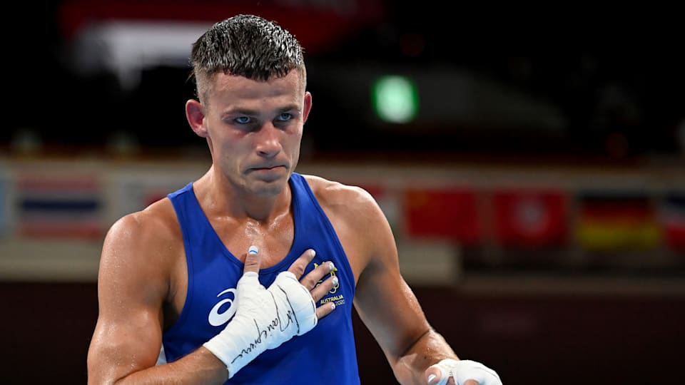 Harry Garside in action during the boxing competition at the Olympic Games Tokyo 2020