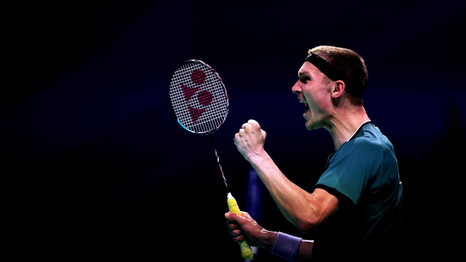 Viktor Axelsen - celebrating in semi-final - 2023 European Games