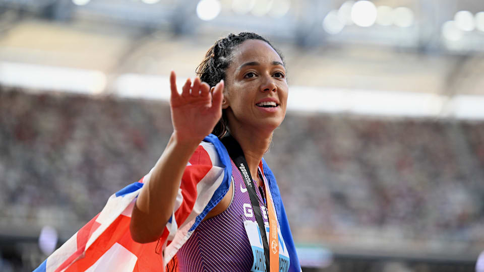 Katarina Johnson-Thompson celebrates after winning world gold in heptathlon 
