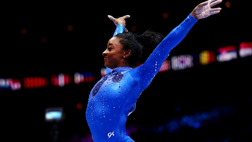 Simone Biles of Team United States reacts after her routine on Vault during the Women's All Around Final on Day Seven of the 2023 Artistic Gymnastics World Championships