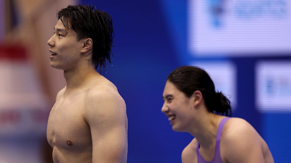 Haiyang Qin and Yufei Zhang of Team China won gold in the Mixed 4 x 100m Medley Relay Final at Fukuoka 2023 World Aquatics Championships